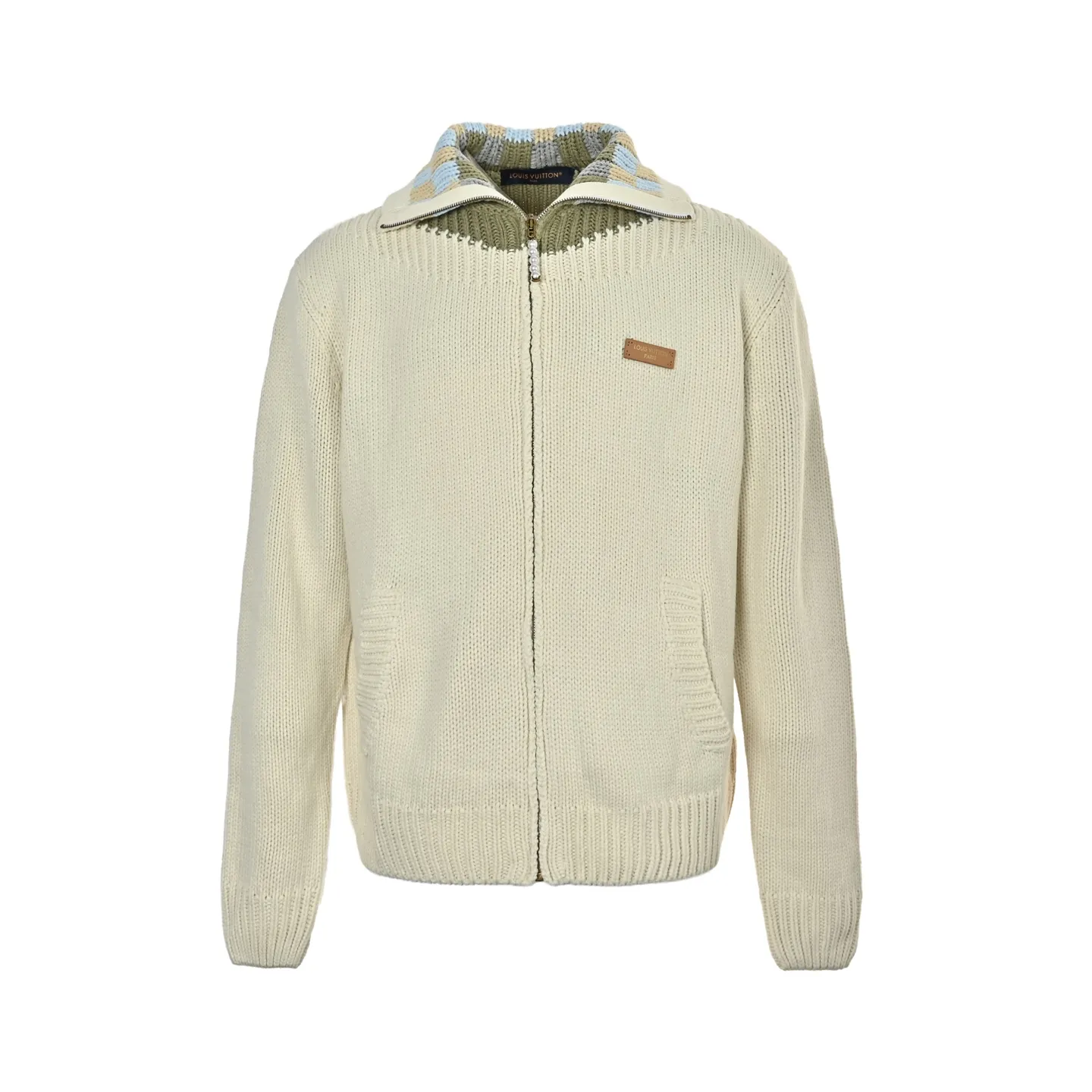 Louis Vuitton/Louis Vuitton leather checkerboard intarsia stand-up collar sweater jacket